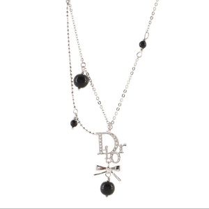 Christian Dior Ribbon Pendant Necklace Metal with Crystals and Beads